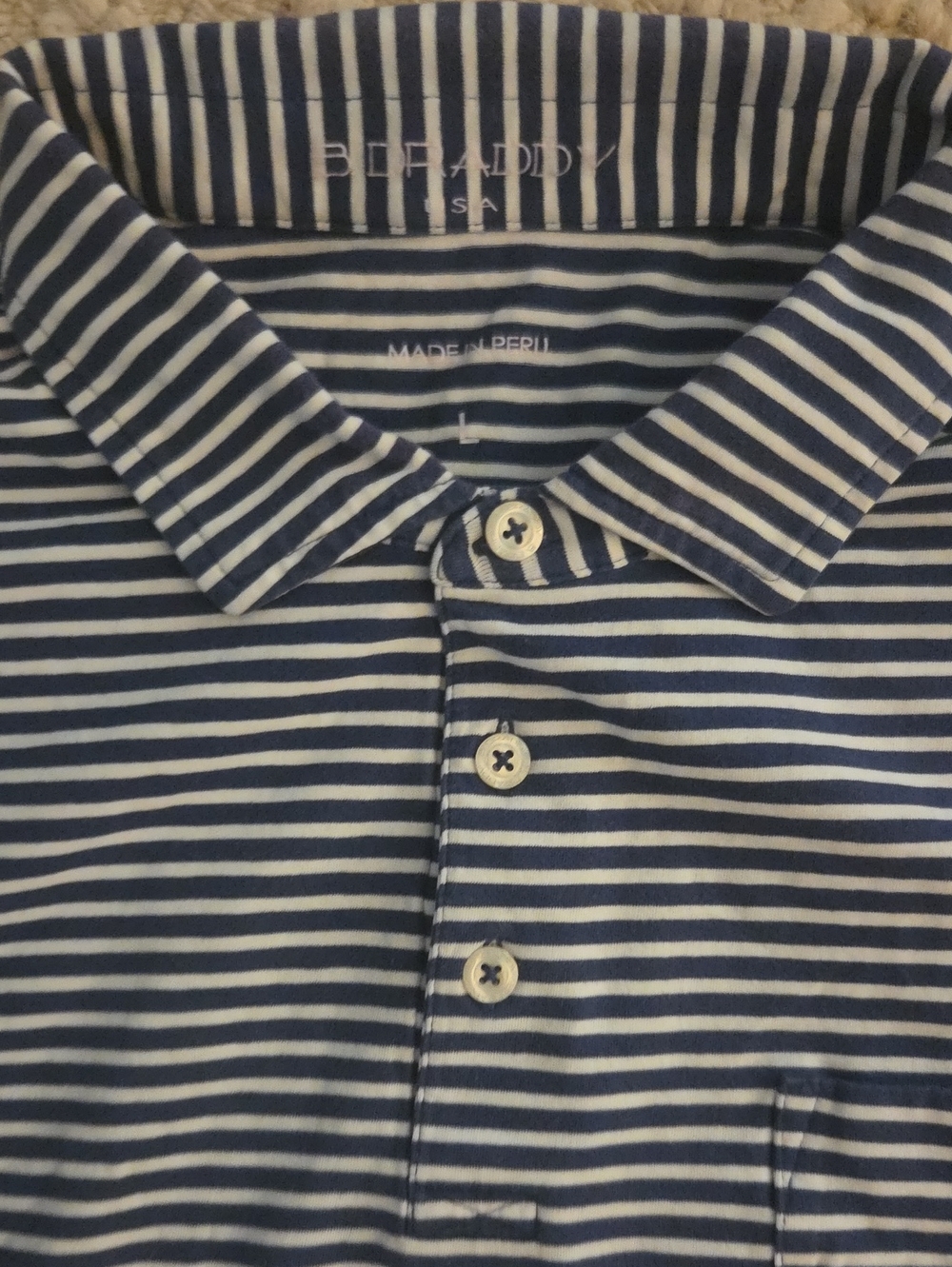 B. Draddy Navy and White Striped Polo Shirt, L